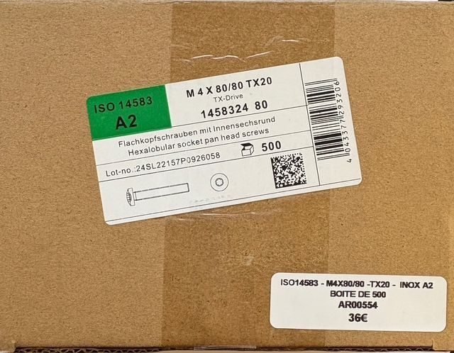 ISO 14583 - VIS A TÊTE BOMBÉE - M4x80/80 - Tx20 - INOX A2 - BOITE DE 500