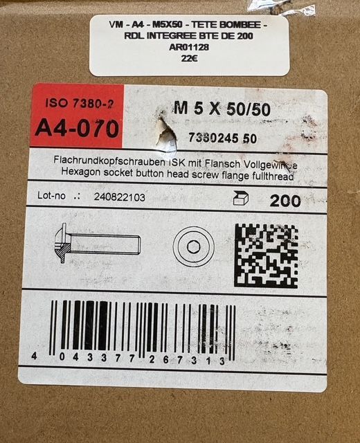 ISO 7380-2 - VIS A TÊTE BOMBÉE RDL INTÉGRÉE - M5x50/50 - INOX A4 - BOITE DE 200