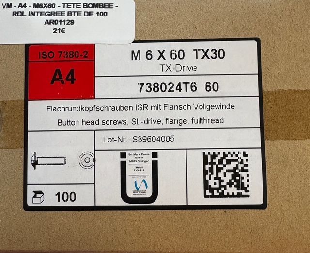 ISO 7380-2 - VIS A TÊTE BOMBÉE RDL INTÉGRÉE - M6x60 - Tx30 - INOX A4 - BOITE DE 100