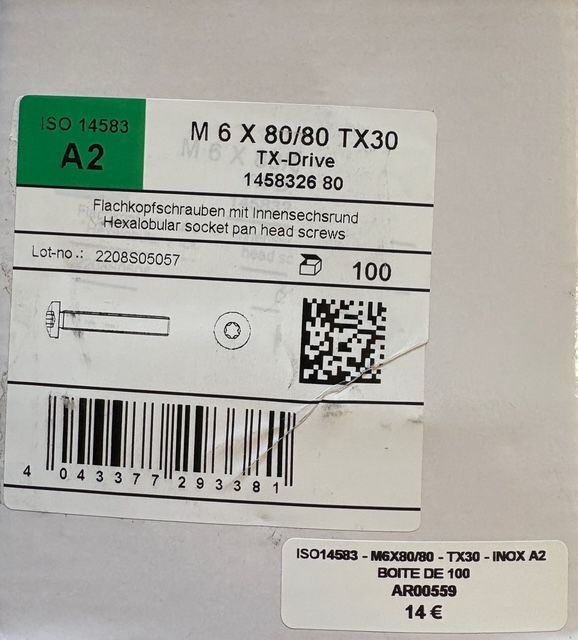 ISO 14583 - VIS A TÊTE BOMBÉE - M6x80/80 - Tx30 - INOX A2 - BOITE DE 100