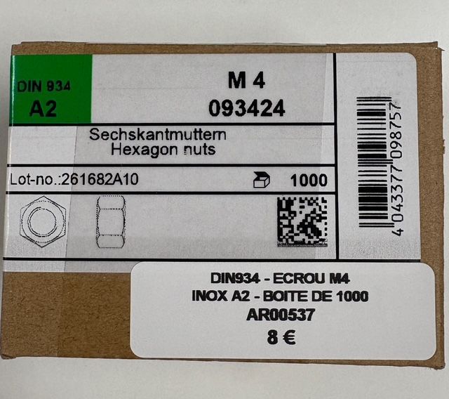 DIN 934 - ECROUS  M4 - INOX A2 - BOITE DE 1000