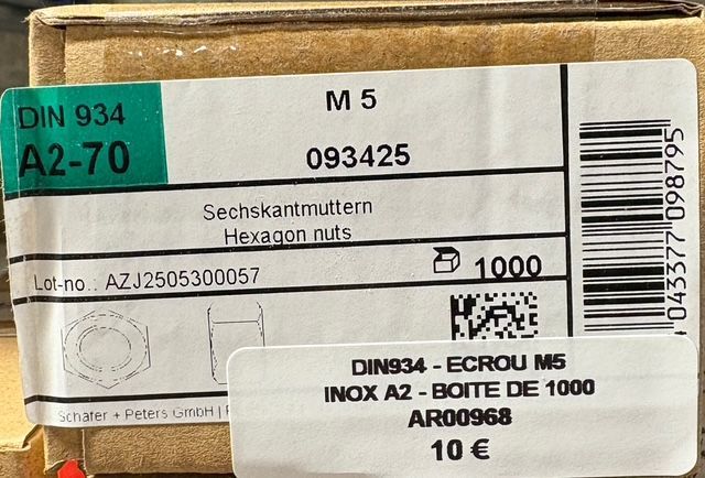 DIN 934 - ÉCROUS M5 - INOX A2 - BOITE DE 1000
