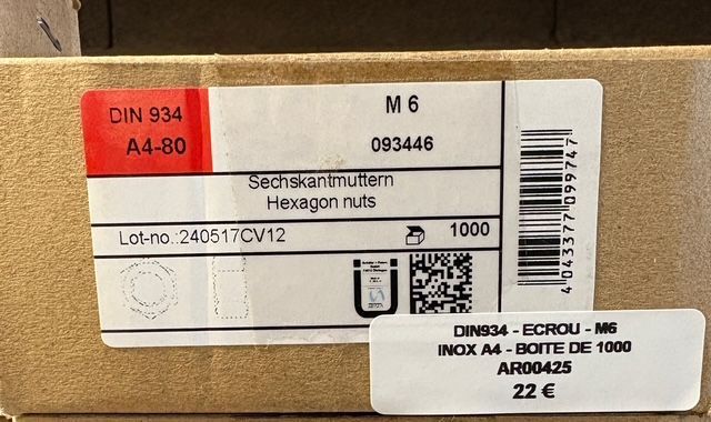 DIN 934 - ÉCROUS M6 - INOX A4 - BOITE DE 1000