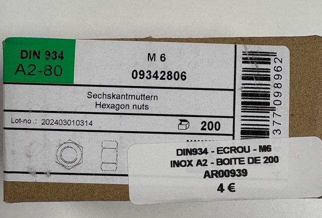 DIN 934 - ÉCROUS M6 - INOX A2 - BOITE DE 200