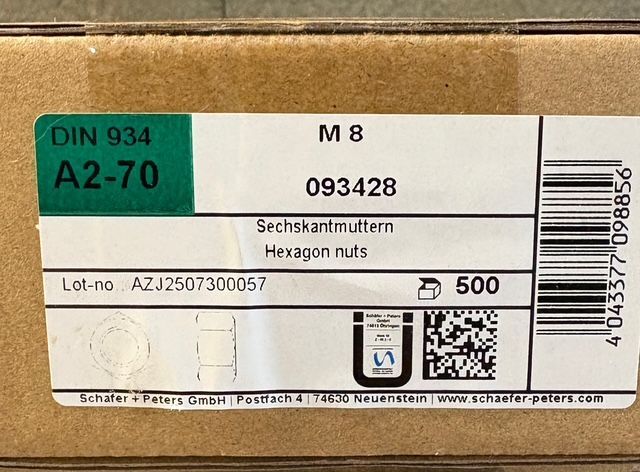 DIN 934 - ÉCROUS M8 - INOX A2 - BOITE DE 500