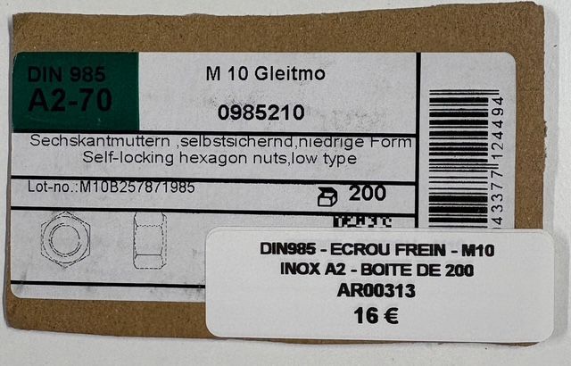 DIN 985 - ECROUS FREINS - M10 - INOX A2 - BOITE DE 200