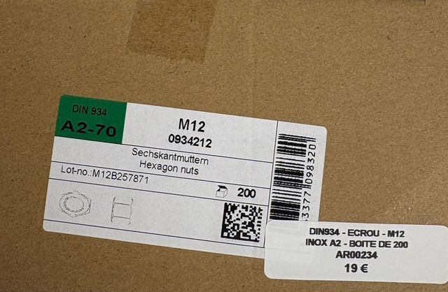 DIN 934 - ECROUS M12 - INOX A2 - BOITE DE 200