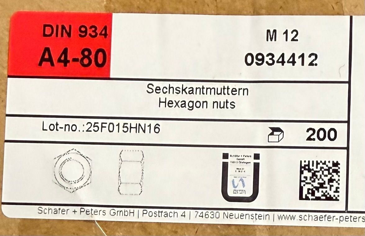 ECROUS M12 - INOX A4 - BOITE DE 200