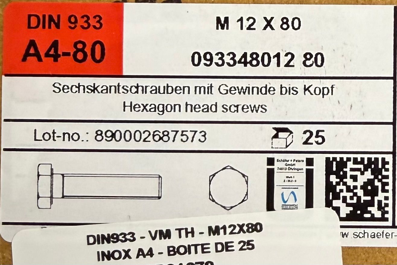 DIN933 - CORPS DE BOULON M12x80 - INOX A4 - BOITE DE 25