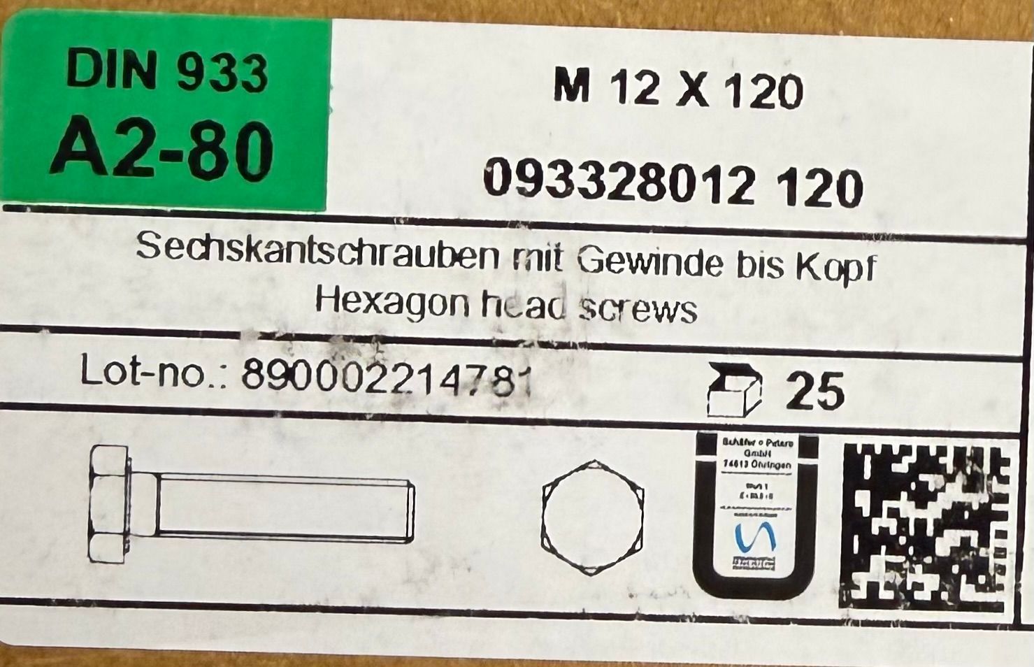 DIN933 - CORPS DE BOULON M12x120 - INOX A2 - BOITE DE 25