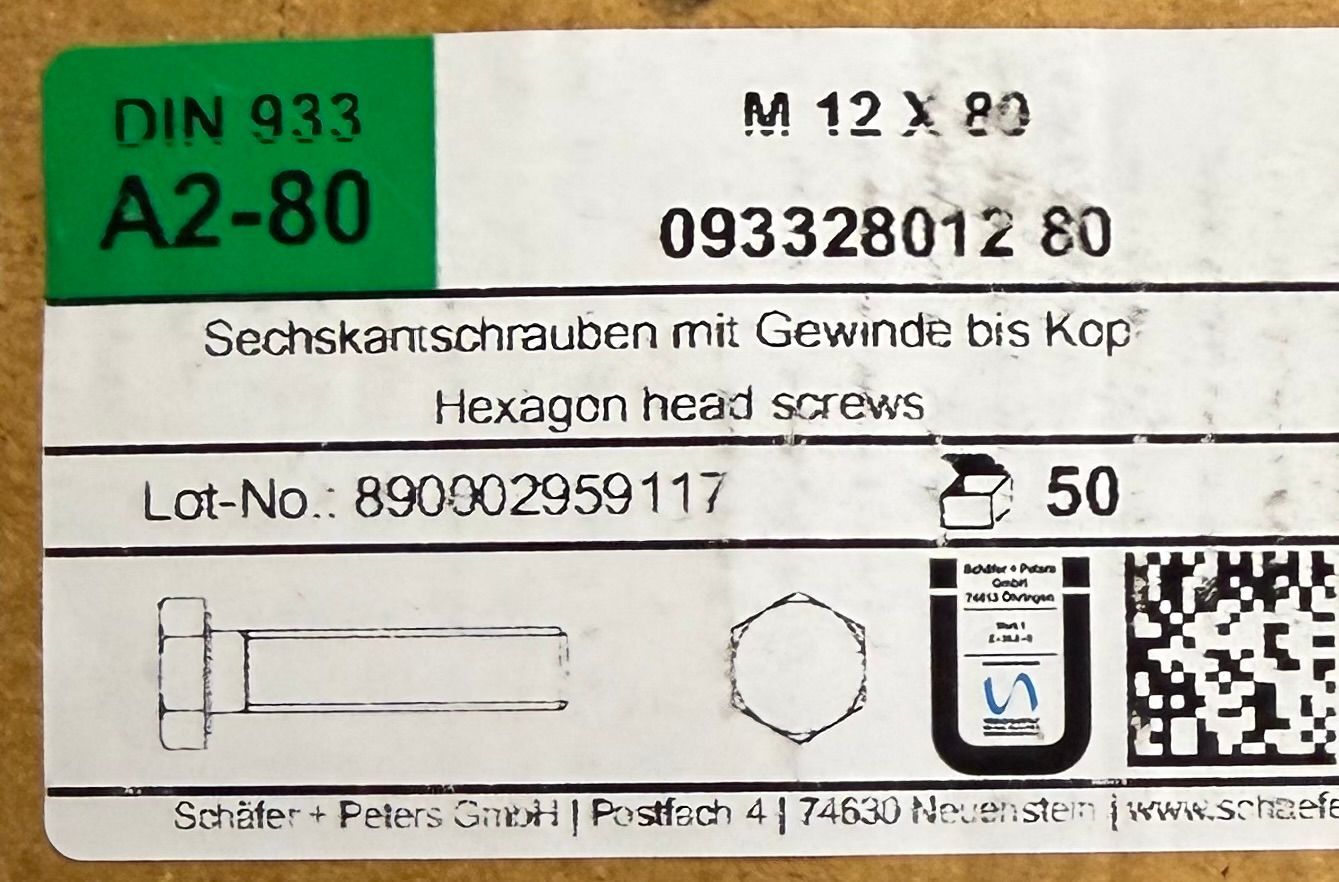 DIN933 - CORPS DE BOULON M12x80 - INOX A2 - BOITE DE 50