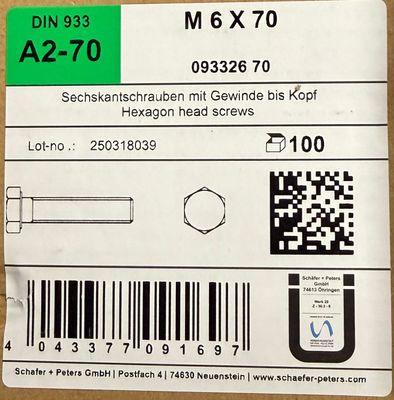 DIN933 - CORPS DE BOULON M6x70 - INOX A2 - BOITE DE 100