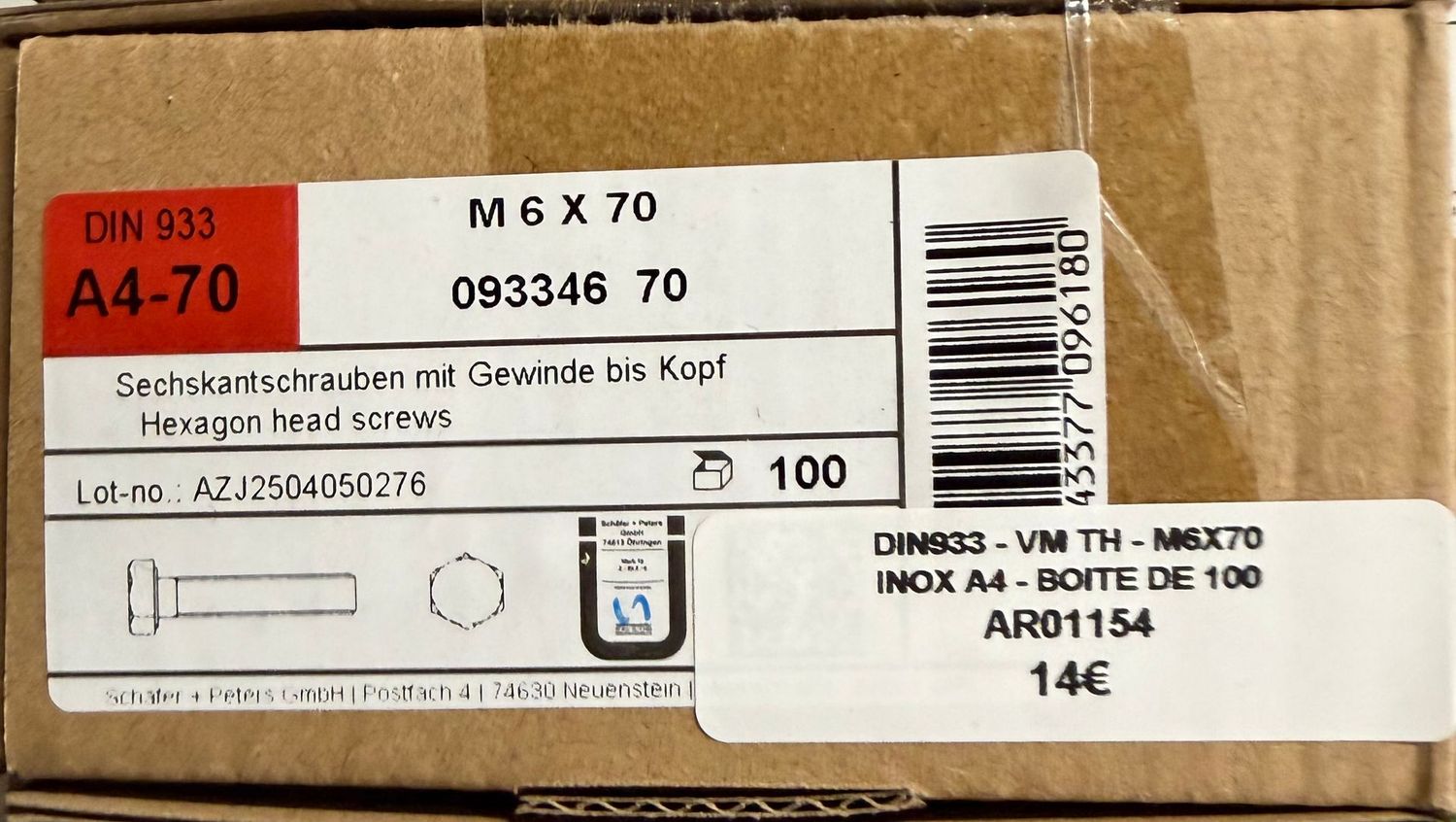 DIN933 - CORPS DE BOULON M6x70 - INOX A4 - BOITE DE 100