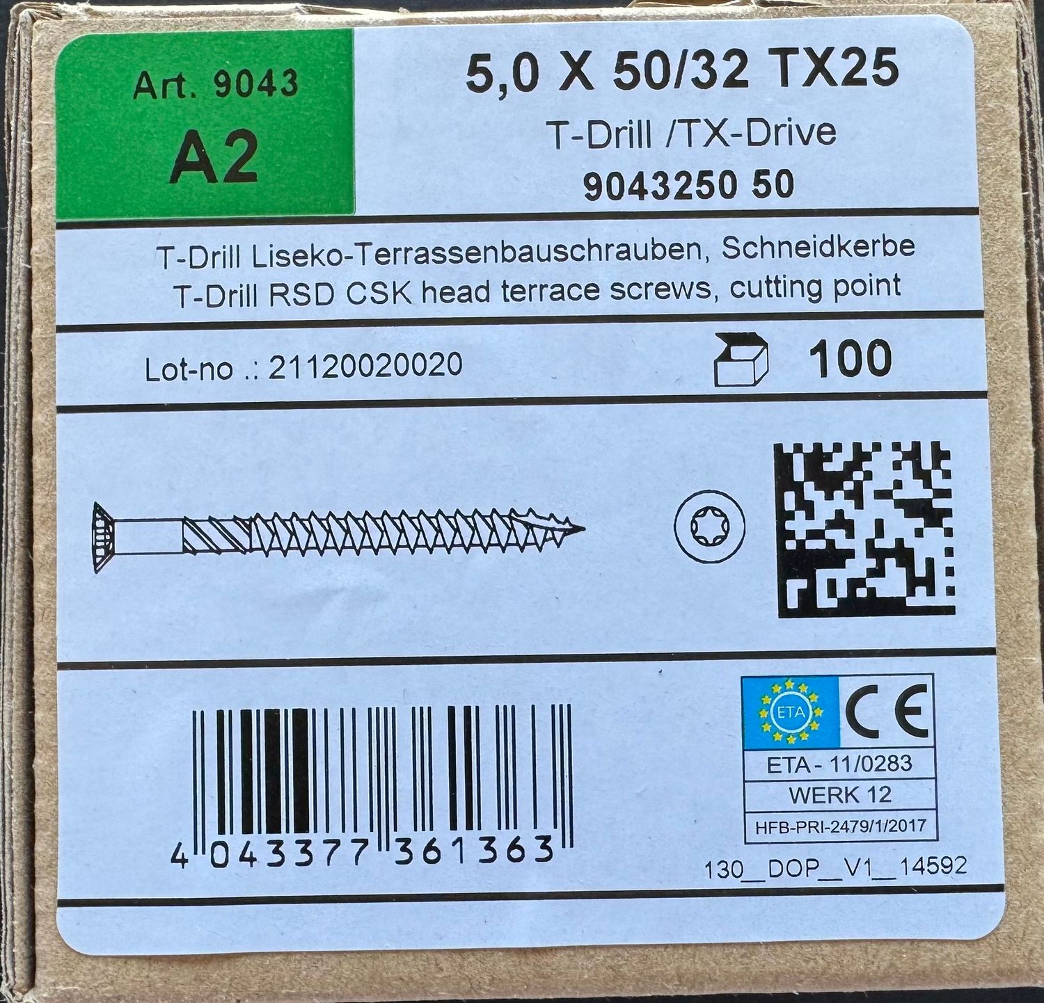 Vis à deck/terrasse - 5X50/32 - Tx25 - INOX A2 - boite de 100