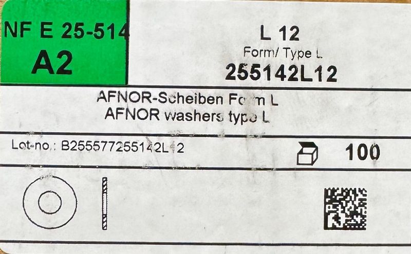 NF E 25-514 - RONDELLES - DIAM. 12 - TYPE LARGE - INOX A2 - BOITE DE 100