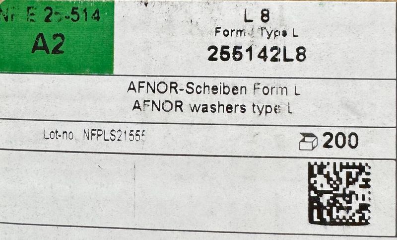 NF E - 25-514 - RONDELLES - DIAM. 8 - TYPE LARGE - INOX A2  - BOITE DE 200