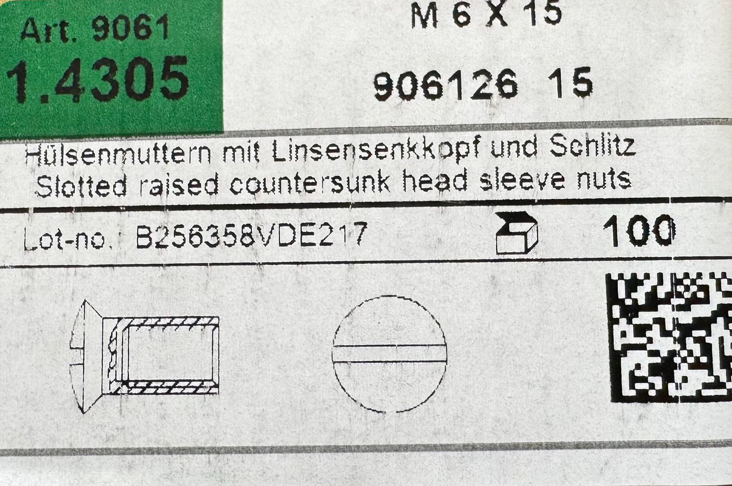 ART.9061 - ECROU DE LIAISON INOX A2 - M6X15 - TÊTE FRAISÉE -BOITE DE 100