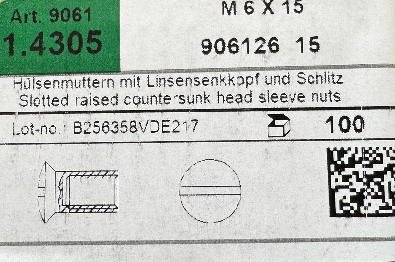 ART.9061 - ECROU DE LIAISON INOX A2 - M6X15 - TÊTE FRAISÉE -BOITE DE 100