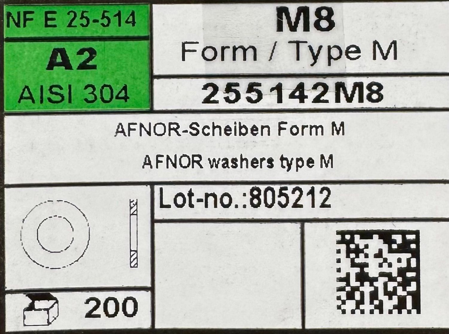 NF E 25-514 - RONDELLES - DIAM. 8 - TYPE MOYEN - INOX A2  - BOITE DE 200