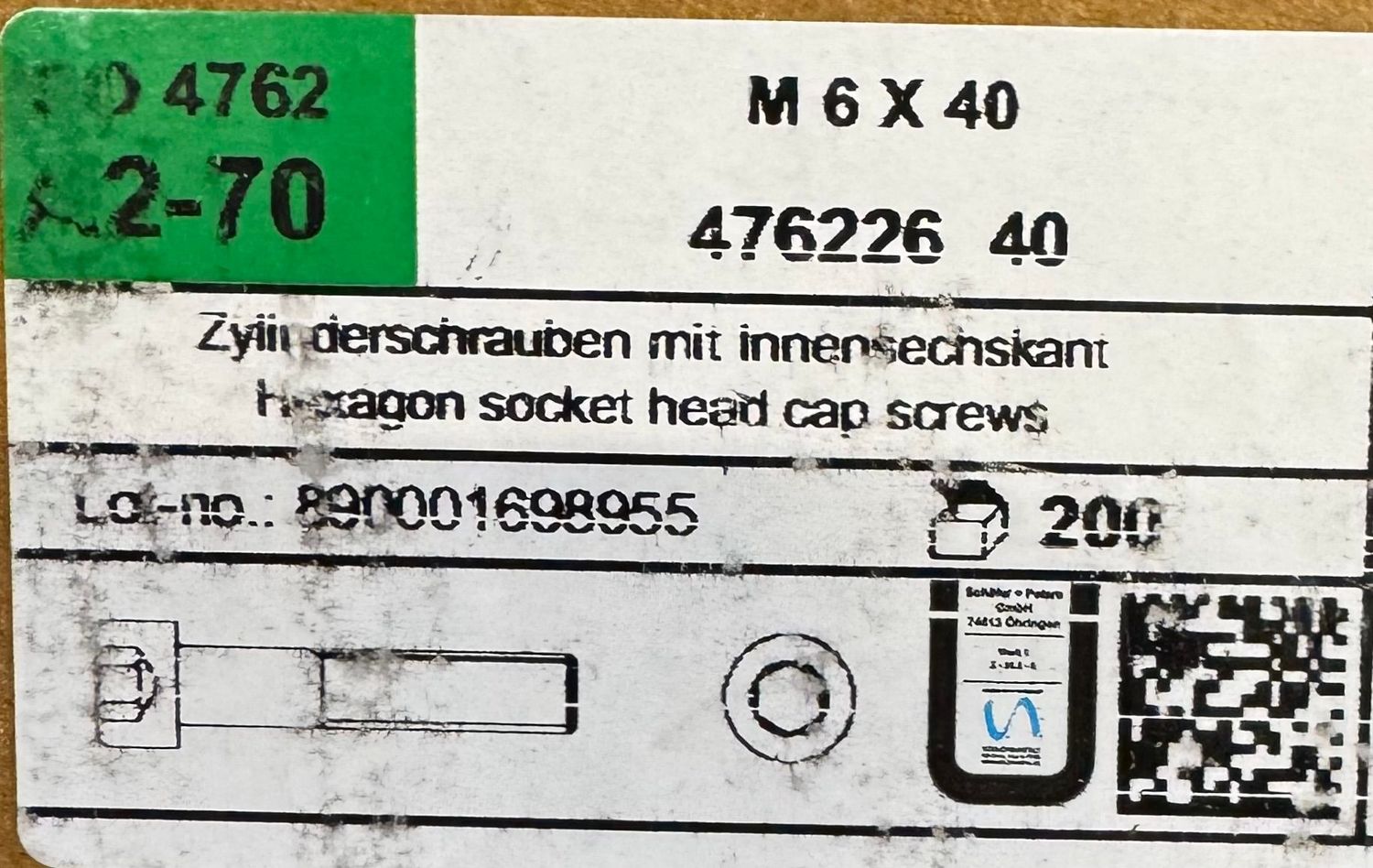 ISO 4762 - VIS M6X40/30 INOX A2 - TETE CYLINDRIQUE CREUSE - EMPREINTE HEXAGONALE - BOITE DE 200
