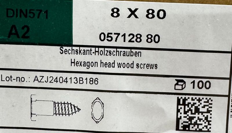 DIN 571-TIRE FONDS - 8X80 - TH - INOX A2 - BOITE DE 100 DIN 571-TIRE FONDS - 8X80 - TH - INOX A2 - BOITE DE 100