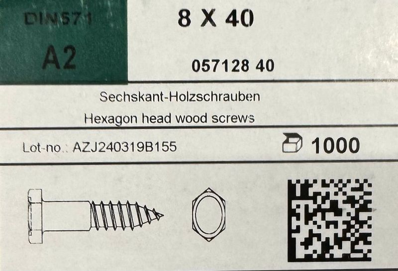 DIN 571-TIRE FONDS - 8X40 - TH - INOX A2 - BOITE DE 100 DIN 571-TIRE FONDS - 8X40 - TH - INOX A2 - BOITE DE 100