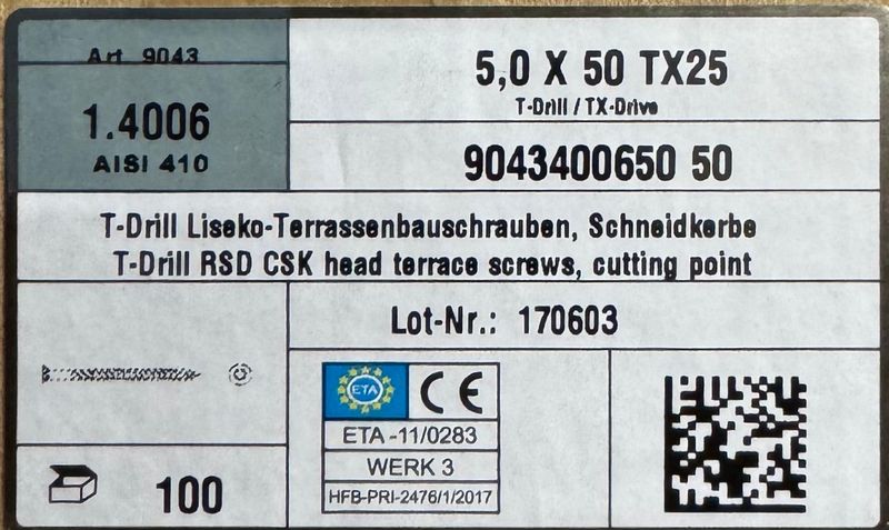 Vis à deck/terrasse - 5X50 - Tx25 - tête fraisée réduite - INOX 410 (C1) - boite de 100