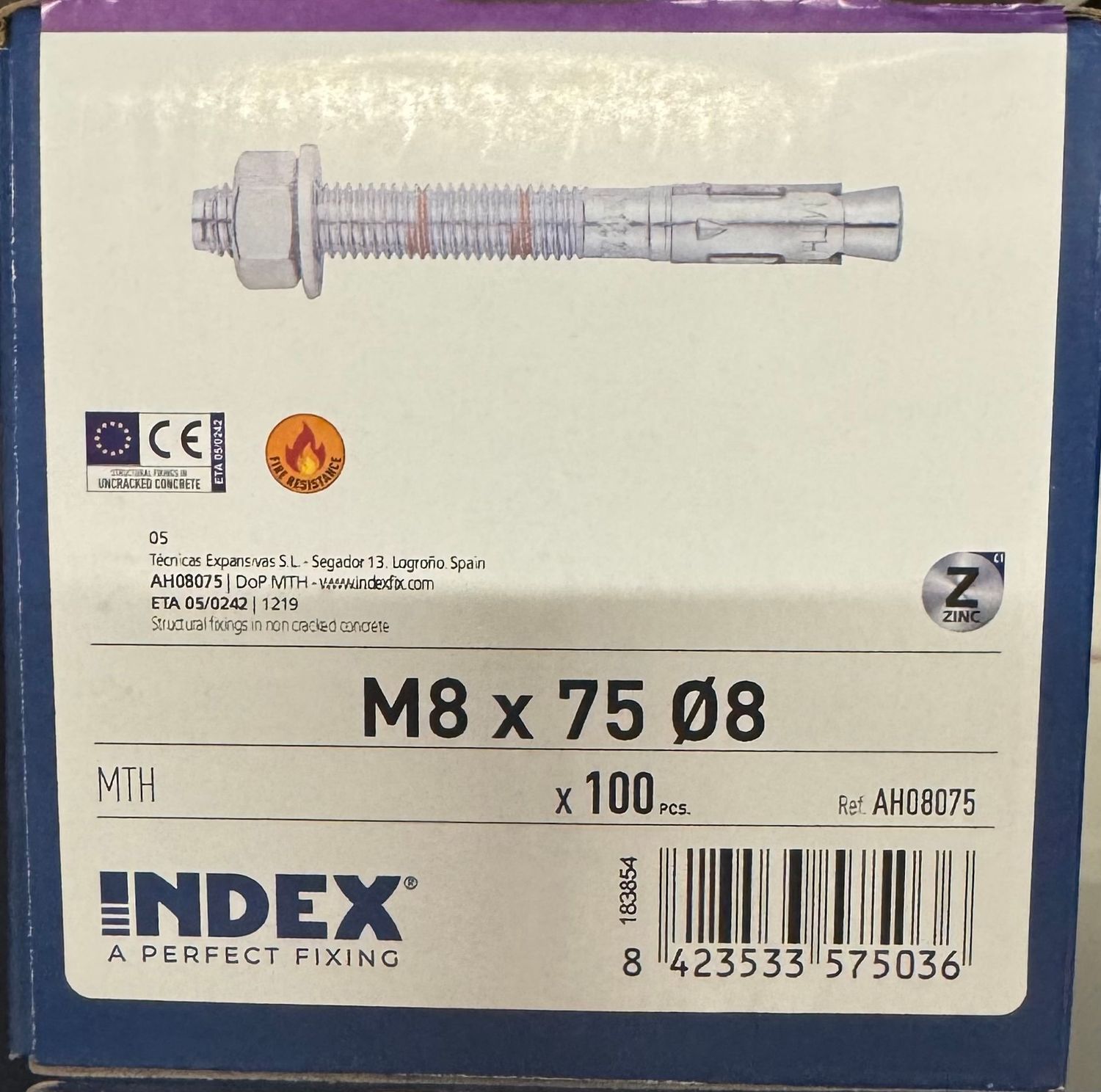 GOUJON D'ANCRAGE ZINGUE-M8X75 - BOITE DE 100