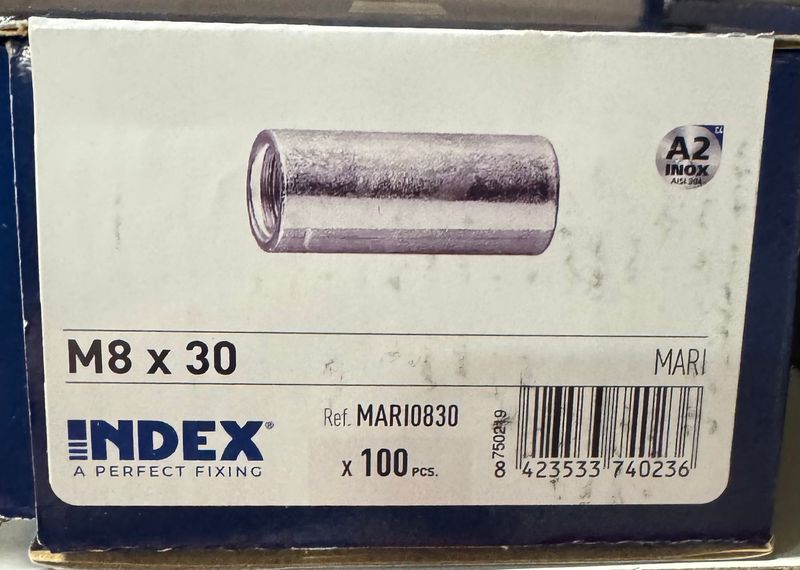 MANCHON POUR TIGE FILETEE DIAM 8 - M8X30 - INOX A2 - BOITE DE 100