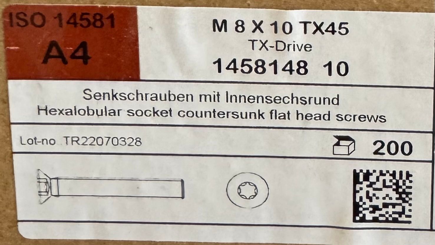ISO 14581 - VIS M8x10 - TÊTE FRAISÉE - INOX A4 - Tx 45 - BOITE DE 200