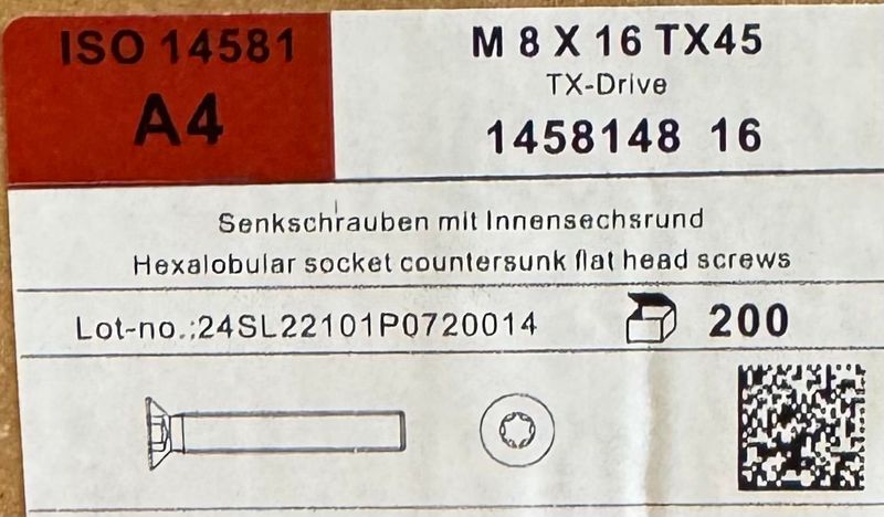 ISO 14581 - VIS M8x16 - TÊTE FRAISÉE - INOX A4 - Tx 45 - BOITE DE 200