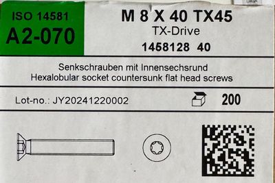 ISO 14581 - VIS M8x40 - TÊTE FRAISÉE - INOX A2 - Tx 45 - BOITE DE 200