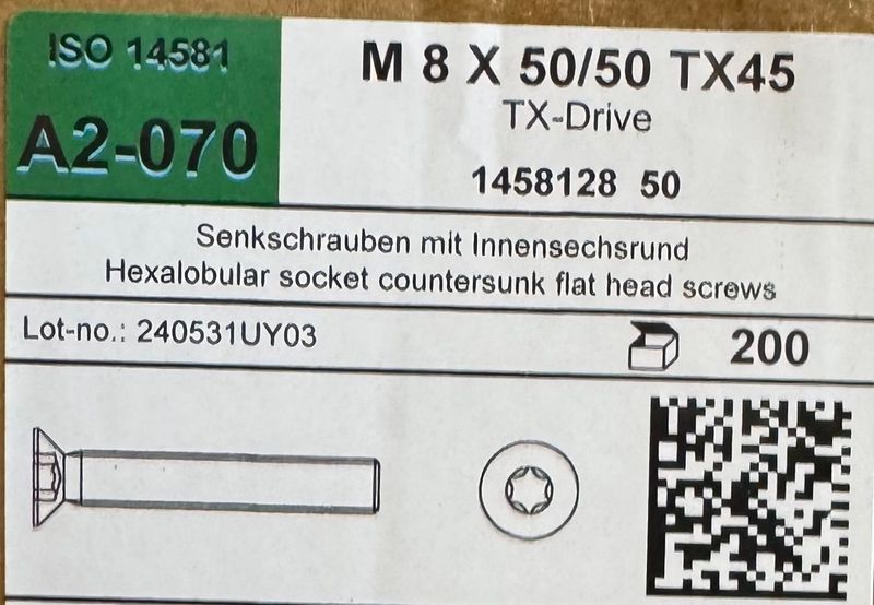 ISO 14581 - VIS M8x50 - TÊTE FRAISÉE - INOX A2 - Tx 45 - BOITE DE 200