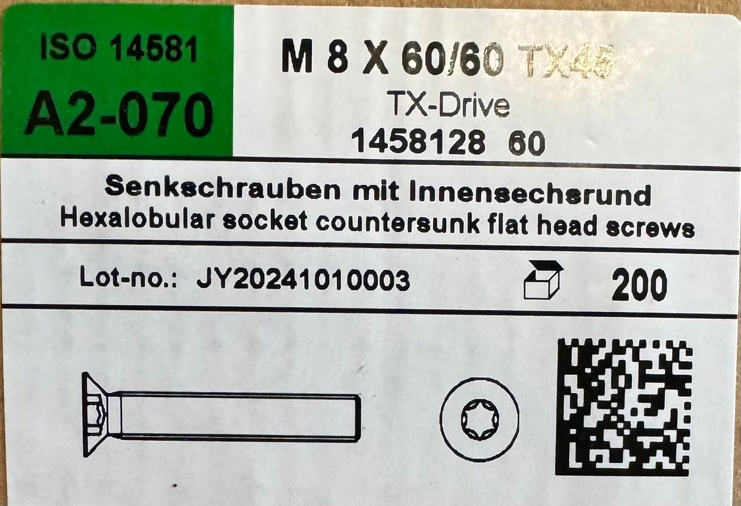 ISO 14581 - VIS M8x60 - TÊTE FRAISÉE - INOX A2 - Tx 45 - BOITE DE 200