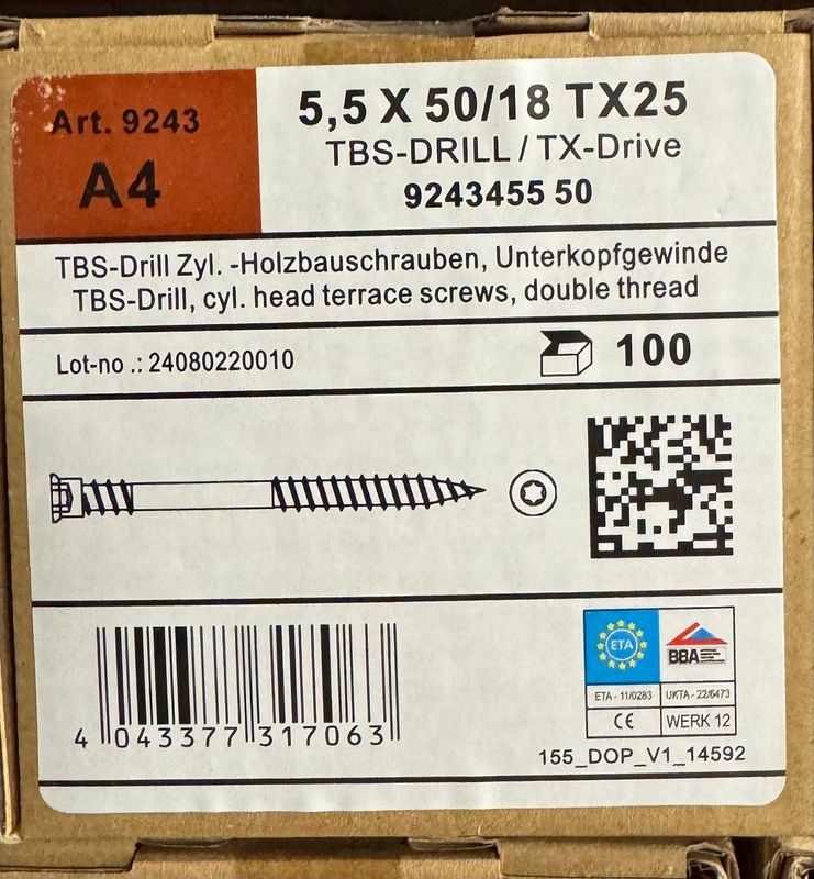 Vis à deck/terrasse - 5,5X50/18  - Tx25 - double filet - INOX A4 - boite de 100