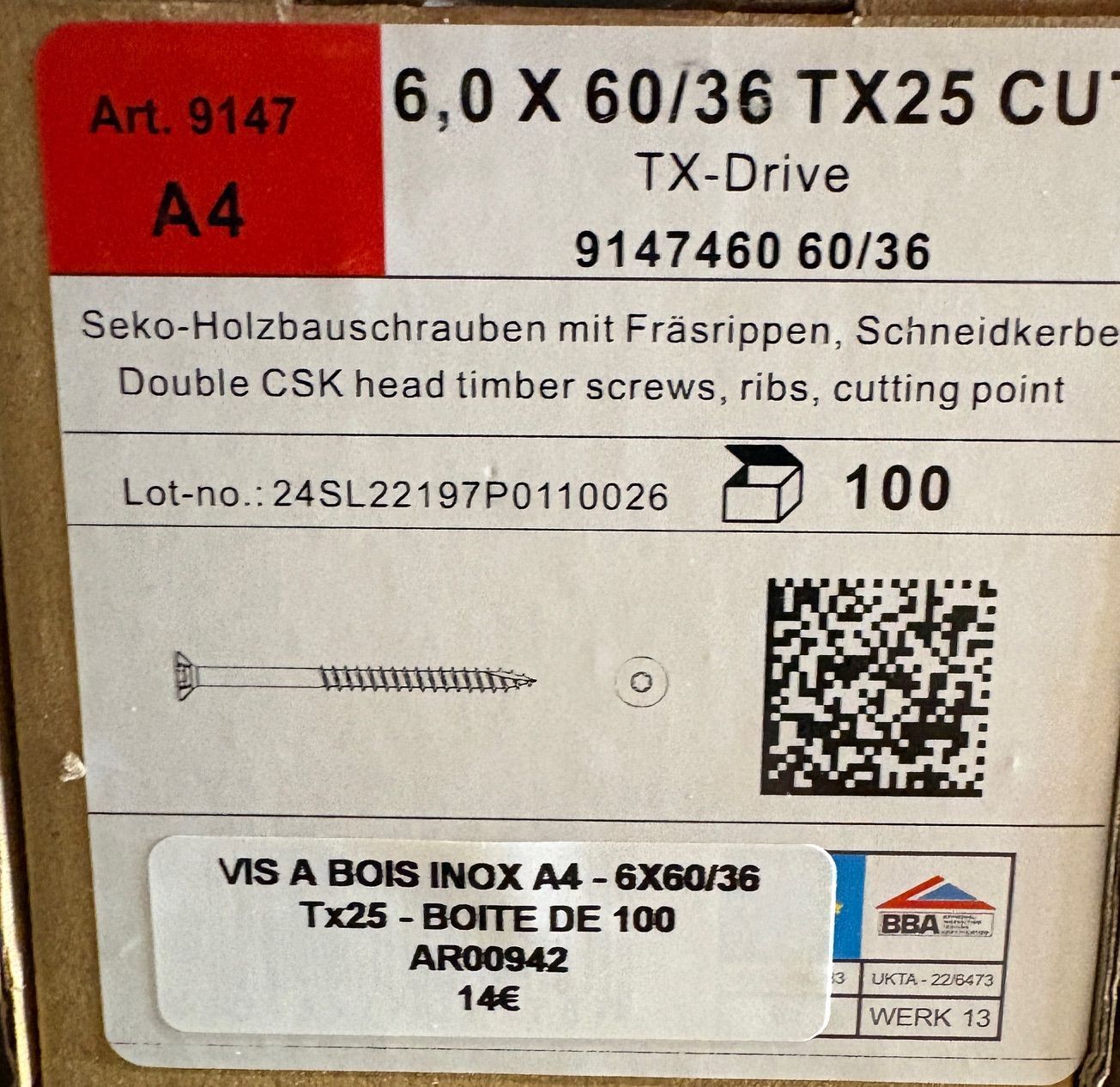 VIS A BOIS - 6X60X36 - Tx25 - TÊTE FRAISÉE - POINTE CUT - INOX A4 - BOITE DE 100 VIS A BOIS - 6X60X36 - Tx25 - TÊTE FRAISÉE - POINTE CUT - INOX A4 - BOITE DE 100