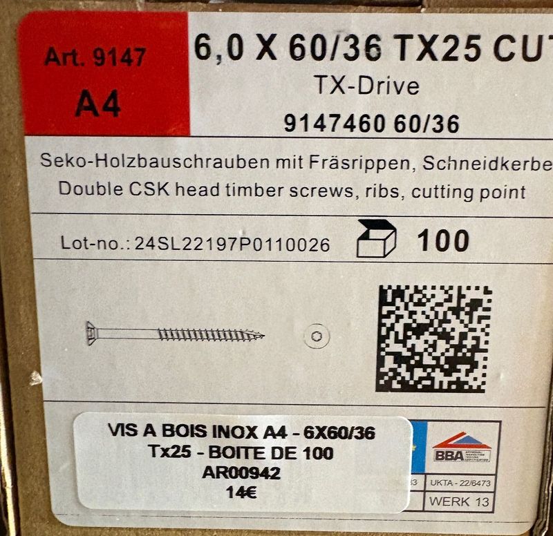 VIS A BOIS - 6X60X36 - Tx25 - TÊTE FRAISÉE - POINTE CUT - INOX A4 - BOITE DE 100 VIS A BOIS - 6X60X36 - Tx25 - TÊTE FRAISÉE - POINTE CUT - INOX A4 - BOITE DE 100