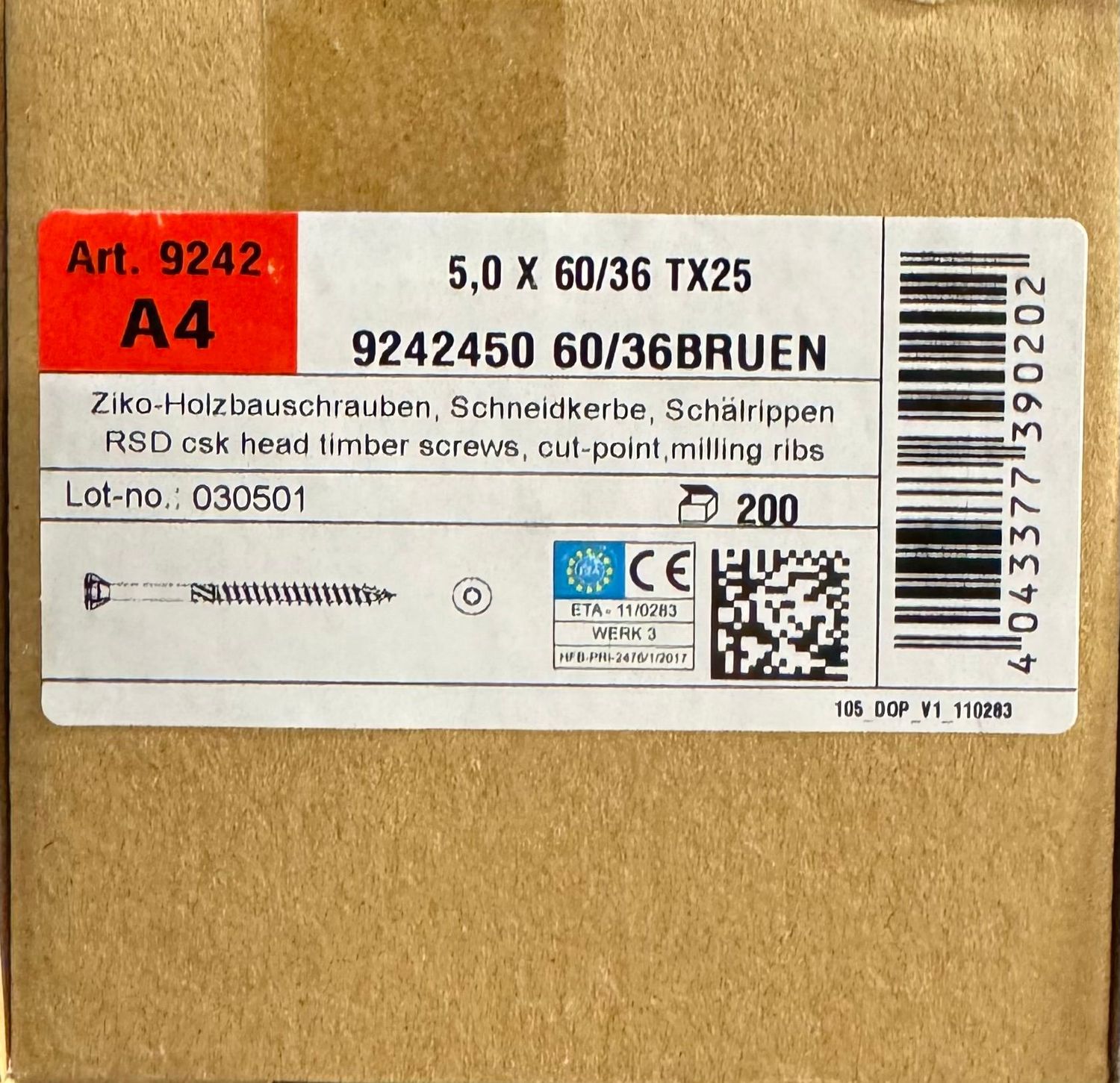 Vis à deck/terrasse - 5X60/36 - Tx25 - INOX A4 BRUN -  boite de 200