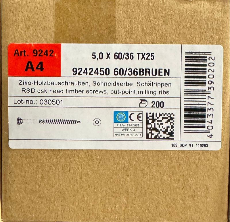 Vis à deck/terrasse - 5X60/36 - Tx25 - INOX A4 BRUN -  boite de 200
