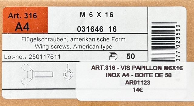 ART.316 - VIS PAPILLON - M6x16 - INOX A4 - BOITE DE 50
