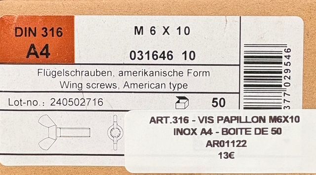 ART. 316 - VIS PAPILLON - M6x10 - INOX A4 - BOITE DE 50