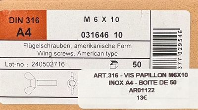 ART. 316 - VIS PAPILLON - M6x10 - INOX A4 - BOITE DE 50