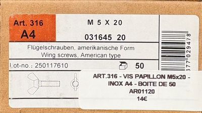 ART. 316 - VIS PAPILLON - M5x20 - INOX A4 - BOITE DE 50