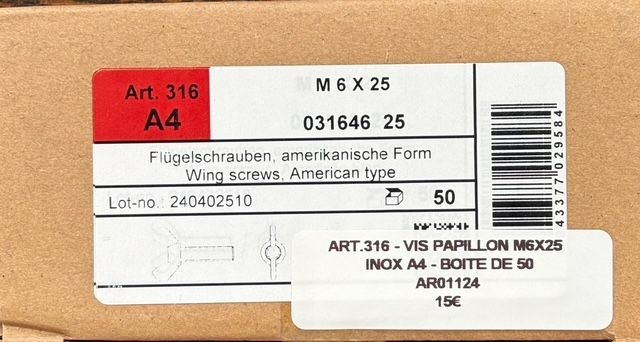 ART. 316 - VIS PAPILLON - M6x25 - INOX A4 - BOITE DE 50