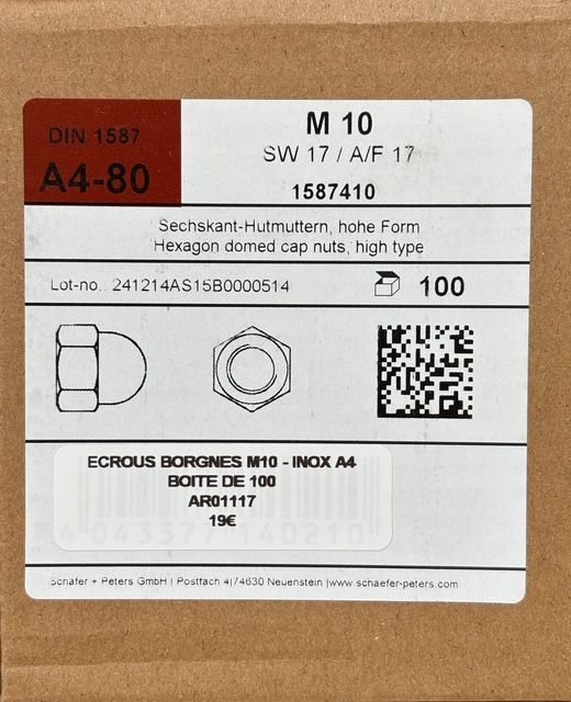 DIN1587 - ECROU BORGNE M10 - INOX A4 - BOITE DE 100 DIN1587 - ECROU BORGNE M10 - INOX A4 - BOITE DE 100