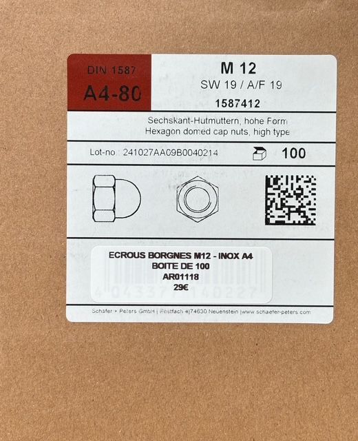 DIN1587 - ECROU BORGNE M12 - INOX A4 - BOITE DE 100 DIN1587 - ECROU BORGNE M12 - INOX A4 - BOITE DE 100