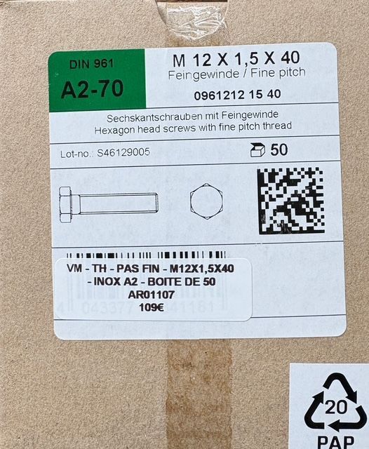 DIN961 - VIS MÉTRIQUE PAS FIN - M12x1,5x40 - TH - à l'unité