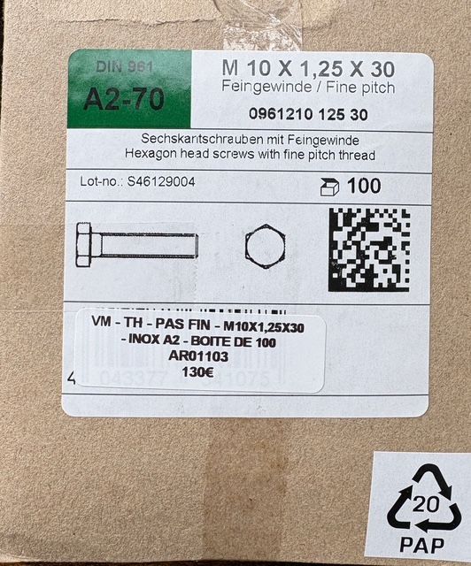 DIN961 - VIS MÉTRIQUE PAS FIN - M10x1,25x30 - TH - à l'unité