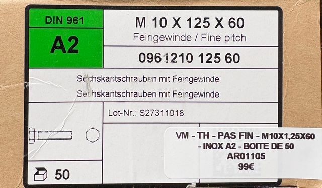 DIN961 - VIS MÉTRIQUE PAS FIN - M10x1,25x60 - TH - à l'unité