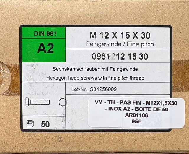 DIN961 - VIS MÉTRIQUE PAS FIN - M12x1,5x30 - TH - à l'unité